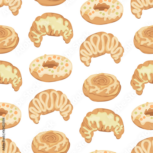 Fresh croissants, donuts and cinnamon rolls seamless vector pattern. Cute fresh pastries print for textile, fabric, wrapping paper. Delicate illustration in flat style.
