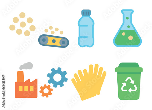 Plastic Pellet Process Icons. Flat vector mini-illustrations plastic pellet production in colors children's