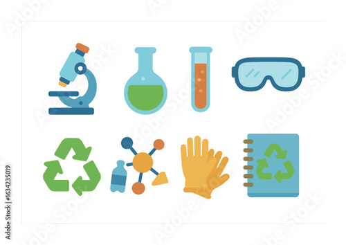 Recycling Science Icons. Flat vector mini-illustrations recycling laboratory research in colors children's