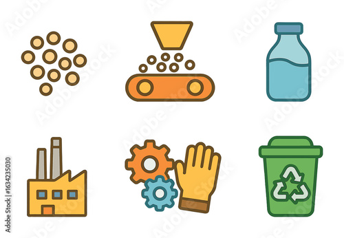 Plastic Pellet Process Icons. Flat vector mini-illustrations plastic pellet production in colors children's