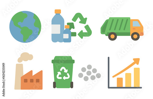 Global Waste Solutions. Flat vector mini-illustrations global plastic waste solutions in colors children's