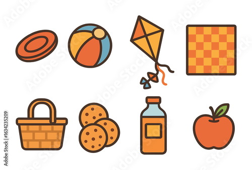 Children's Picnic Fun. Flat vector mini-illustrations picnic games and fun in colors children's illustrations: