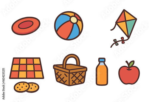 Children's Picnic Fun. Flat vector mini-illustrations picnic games and fun in colors children's illustrations: