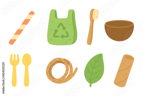 Eco-Friendly Kids Icons. Flat vector mini-illustrations biodegradable materials in colors children's