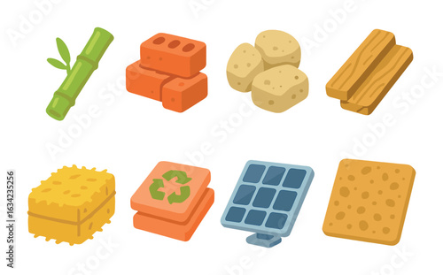 Eco-Friendly Construction Materials. Flat vector mini-illustrations sustainable building materials in colors