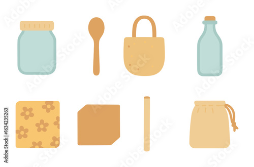 Children's Eco Icons. Flat vector mini-illustrations zero waste materials in colors children's illustrations: