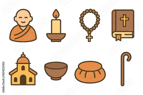 Monastic Life Icons. Flat vector mini-illustrations monastic life in colors children's illustrations: monk
