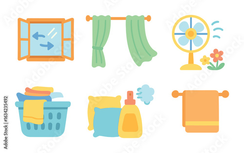 Refreshing Room Elements. Flat vector mini-illustrations airing and refreshing rooms in colors children's