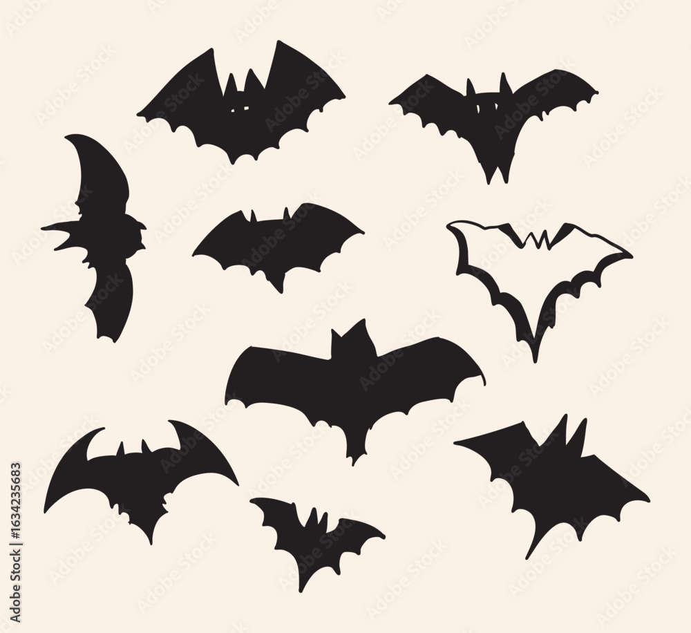 Naklejka premium Halloween Bat Silhouette Set - Spooky Black Bats Clipart