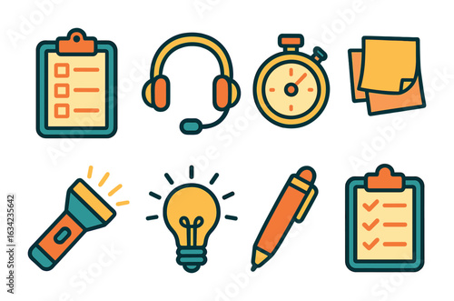 Stage Lighting Icons. Flat vector mini-illustrations stage lighting coordination in colors children's