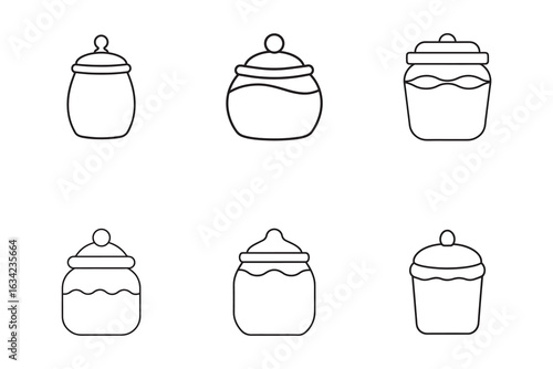 Set of six honey jar outline icons for beekeeping and sweet food concepts for graphic design and web design