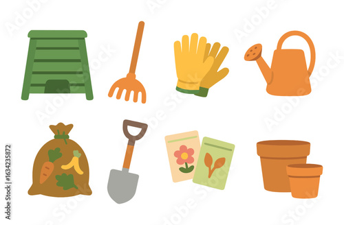Recycling Garden Waste Icons. Flat vector mini-illustrations recycling garden waste in colors children's