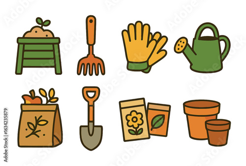 Recycling Garden Waste Icons. Flat vector mini-illustrations recycling garden waste in colors children's