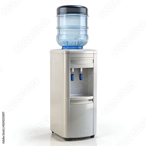 A contemporary water cooler dispenser featuring a blue water bottle, isolated on a clean white background
