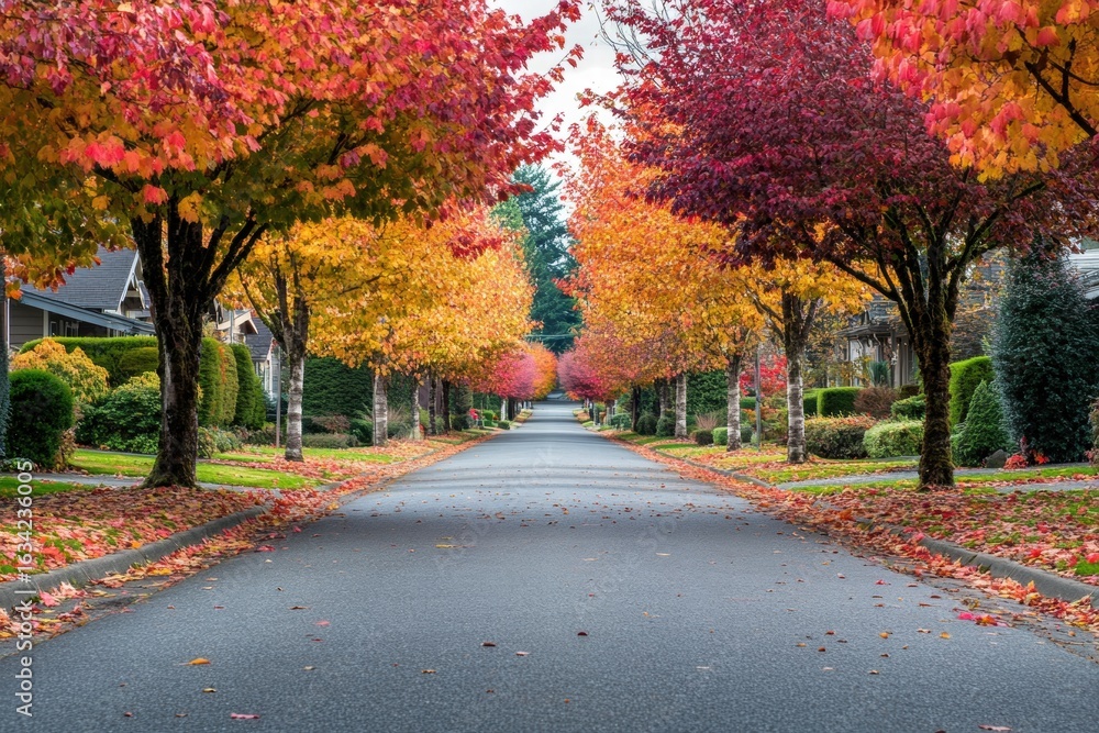 Naklejka premium Fall colors and sunlight on wide street