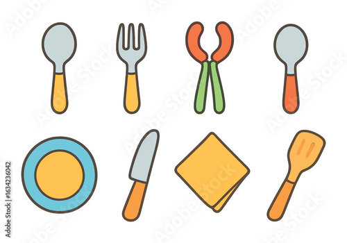 Picnic Cutlery Illustrations. Flat vector mini-illustrations picnic cutlery set in colors children's