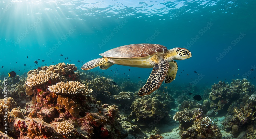 Fototapeta premium Sea Turtle Gliding Over Coral Reef, Sunlit Ocean