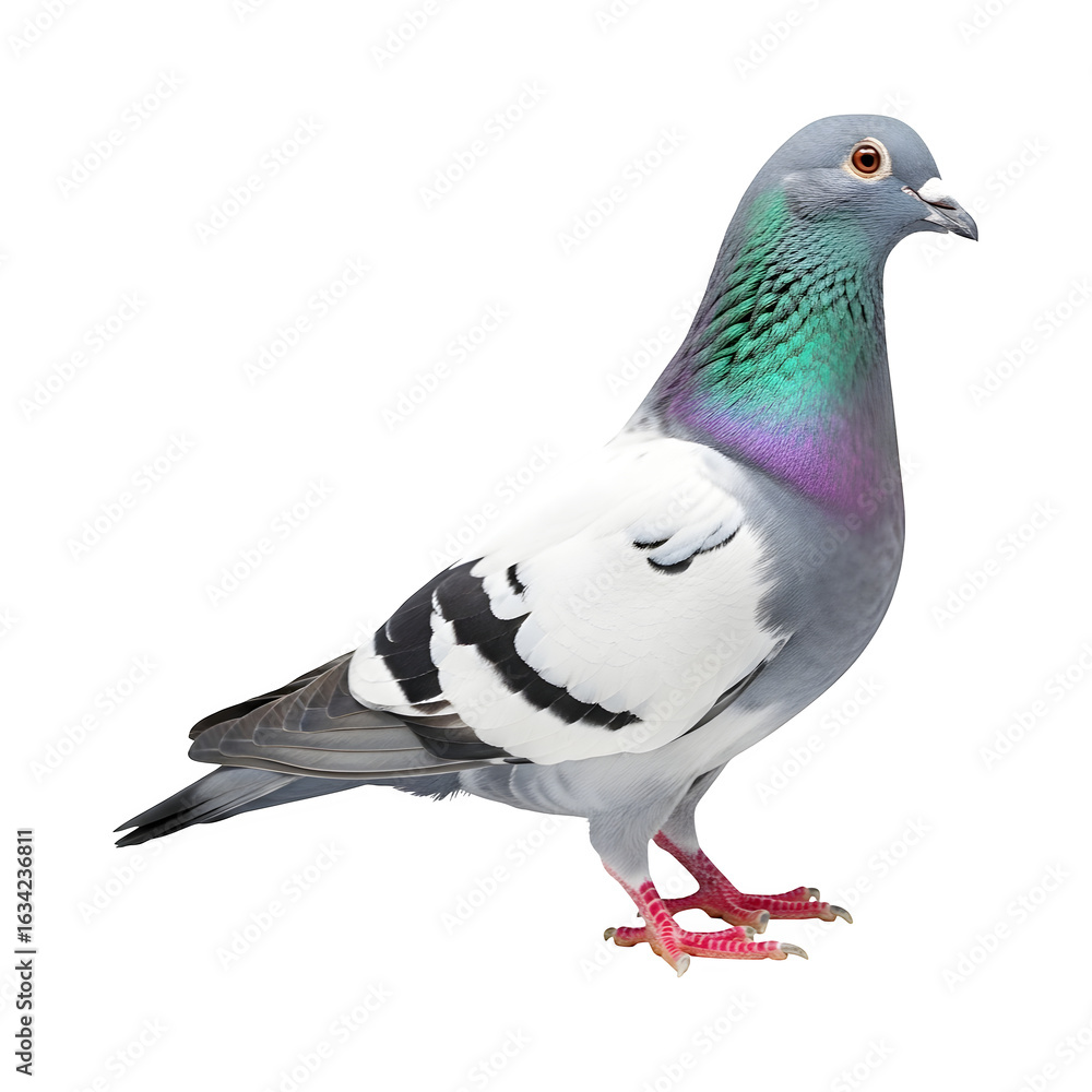 A single domestic pigeon with iridescent neck feathers standing on a transparent background isolated on transparent background A single domestic pigeon with iridescent neck feathers standing on a transparent background isolated on transparent background