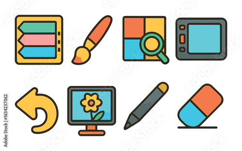 Illustration Tools Grid. Flat vector mini-illustrations drawing software interface in colors children's