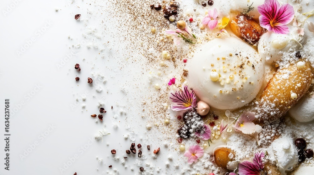 Obraz premium Exquisite Dessert Arrangement Featuring Flowers and Textures