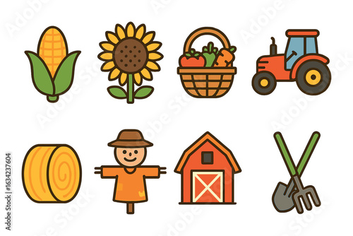 Harvest Season Icons. Flat vector mini-illustrations harvesting season in colors children's illustrations: