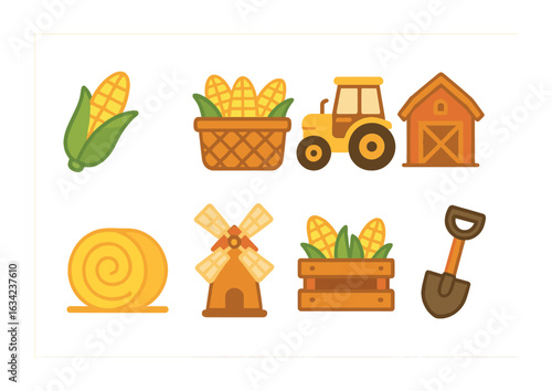 Golden Harvest Icons. Flat vector mini-illustrations golden corn harvest in colors children's illustrations: