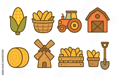 Golden Harvest Icons. Flat vector mini-illustrations golden corn harvest in colors children's illustrations: