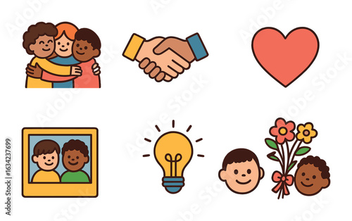 Community Icons Grid. Flat vector mini-illustrations community and togetherness in colors children's