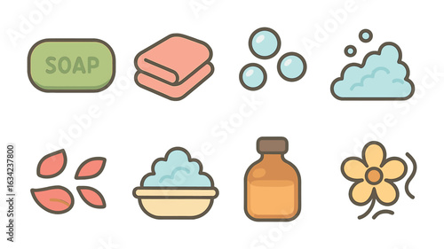 Spa Soap Collection. Flat vector mini-illustrations spa soap collection in colors children's illustrations: