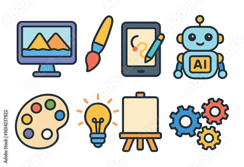 Creative Tech Icons. Flat vector mini-illustrations AI-generated art and creativity in colors children's