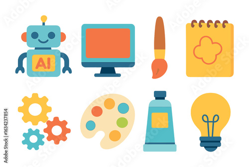 Creative Tech Icons. Flat vector mini-illustrations AI art experiments in colors children's illustrations: AI
