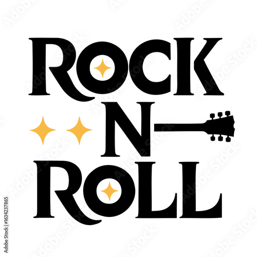 Rock n roll text design with guitar silhouette and star accents in a vintage style graphic illustration