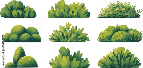Pixel art bushes, green foliage, rounded leaves, pointed shrubs, landscaping elements, nature icons