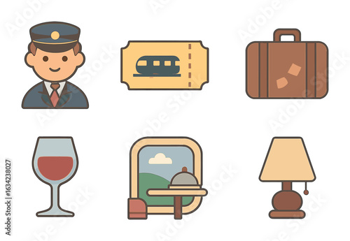 Luxury Train Icons. Flat vector mini-illustrations luxury train services in colors children's illustrations: