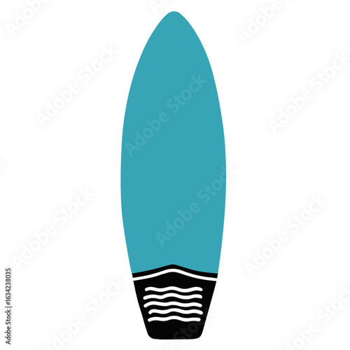 A teal surfboard with a black tail and white wave design is centered on a white background space