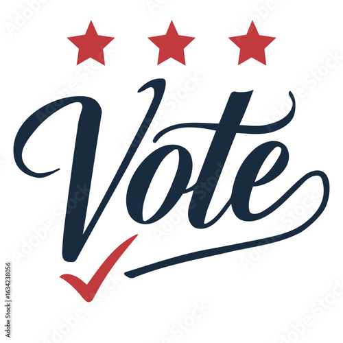 Stylized vote text with checkmark and three red stars above promoting civic engagement and participation