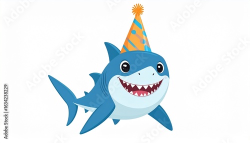 Cartoon shark wearing a birthday party hat, smiling with visible teeth, isolated on white.