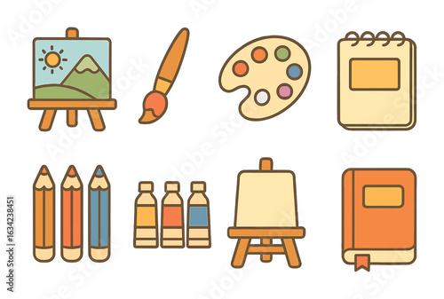 Art Therapy Toolkit. Flat vector mini-illustrations art therapy techniques in colors children's illustrations: