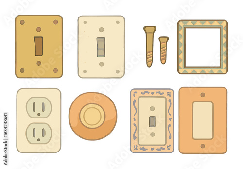 Vintage Switch Plate Grid. Flat vector mini-illustrations vintage switch plates in colors children's