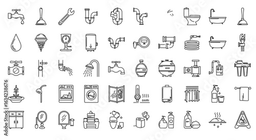 Collection of plumbing equipment icons and bathroom essentials.