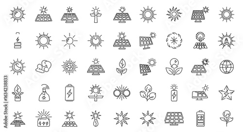 A collection of Solar energy icons in a line style, showcasing environmental sustainability.