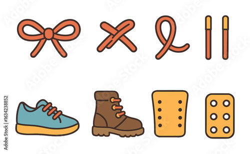 Colorful Shoelace Knots. Flat vector mini-illustrations classic shoelace knots in colors children's