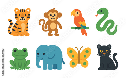 Jungle Animal Icons. Flat vector mini-illustrations animals in the jungle habitat in colors children's