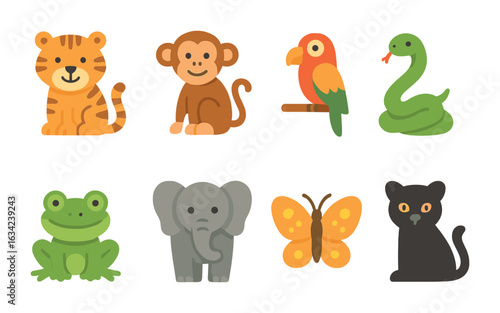 Jungle Animal Icons. Flat vector mini-illustrations animals in the jungle habitat in colors children's