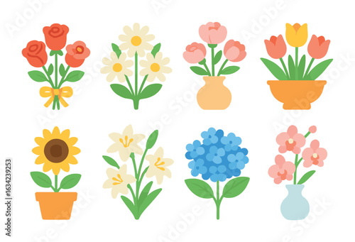 Floral Mini-Illustrations Grid. Flat vector mini-illustrations centerpiece flowers in colors children's