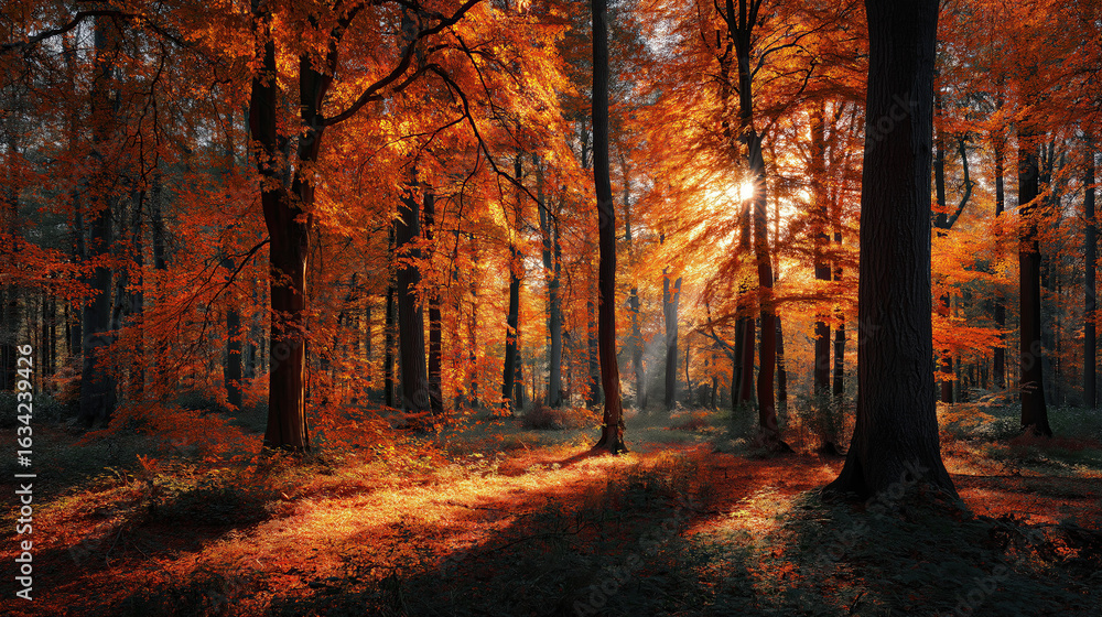 Obraz premium Autumn forest with golden leaves, sunlight filtering through orange canopy