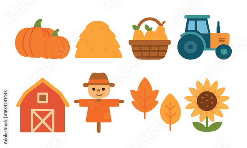 Autumn Farm Icons. Flat vector mini-illustrations fall farm adventure in colors children's illustrations: