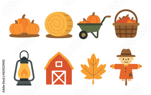 Autumn Harvest Icons. Flat vector mini-illustrations pumpkin field walk in colors children's illustrations:
