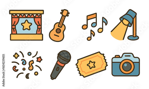 Concert Icons Recap. Flat vector mini-illustrations music concert recap in colors children's illustrations: