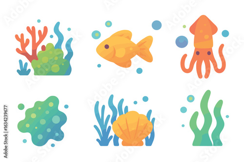 Glowing Underwater Ecosystem. Flat vector mini-illustrations glowing underwater ecosystems in colors
